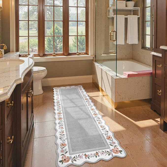 Lahome Runners for Hallways Non Slip Washable Runner Rug,Scalloped Kitchen Runners Rug with Non Slip Backing,Low Pile Soft Boho Floral Runner for Hallway, Entryway, Laundry, Bedroom Ariele