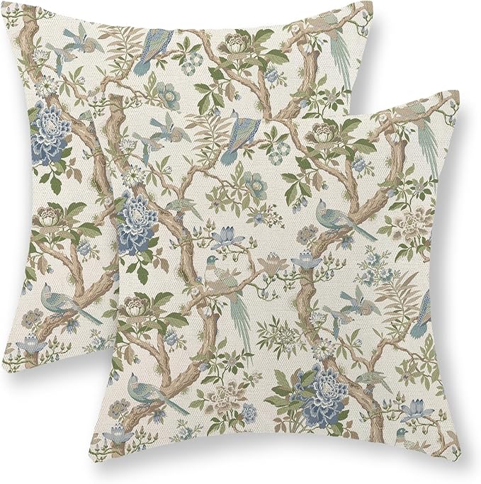 Blue Green Floral Bird Pillow Covers 24x24 Set of 2 Chinoiserie Throw Pillows Green Vintage Flowers Bird Decorative Pillow Cases Outdoor Chinoiserie Decor Farmhouse Cushion Case for Couch Sofa