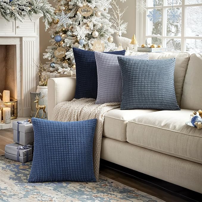 MIULEE Blue Decorative Pillow Covers 22x22 Inch Set of 4 Boho Western Farmhouse Home Decor Couch Throw Pillows Summer Coastal Corduroy Pillowcases Industrial for Sofa Cushion Living Room Bed