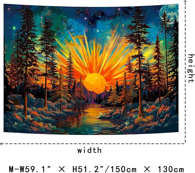 Racunbula Forest Sun Tapestry Trippy Nature Tree Tapestry Hippie Boho Mountain Wall Tapestries Vintage Aesthetic Starry Sky Tapestries Hanging for Bedroom