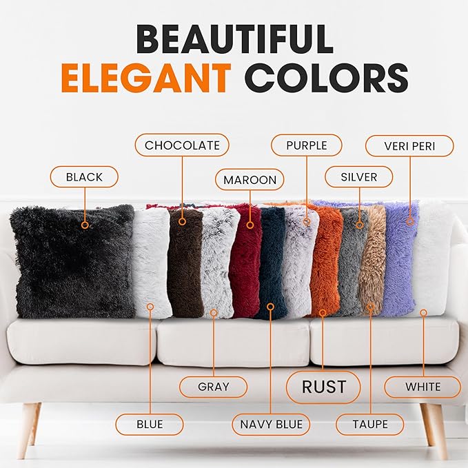 Cheer Collection Throw Pillows for Couch and Bed, Soft Shaggy Throw Pillows with Inserts Included, Cozy Long Hair Faux Fur Pillows - Set of 2-18" x 18" - Rust Orange