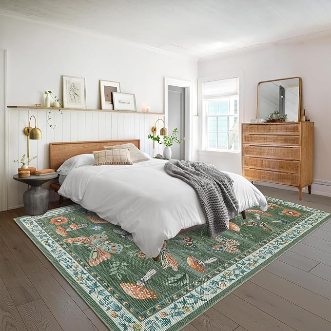 Mushroom 10x13 Area Rug for Living Room Washable Non Slip Forest Soft Low-Pile Stain Resistant Thin Large Throw Carpet for Bedroom Dining Room Office Green