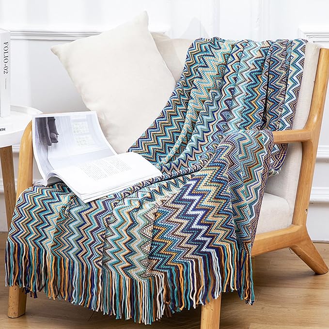 Bohemian Boho Throw Blankets, Knitted with Tassel, Outdoor Reversible Soft Cozy Lightweight Throw Blankets, Couch Bed Sofa Decorative Afghan Throw Blanket All Seasons Blue 50x60 inches