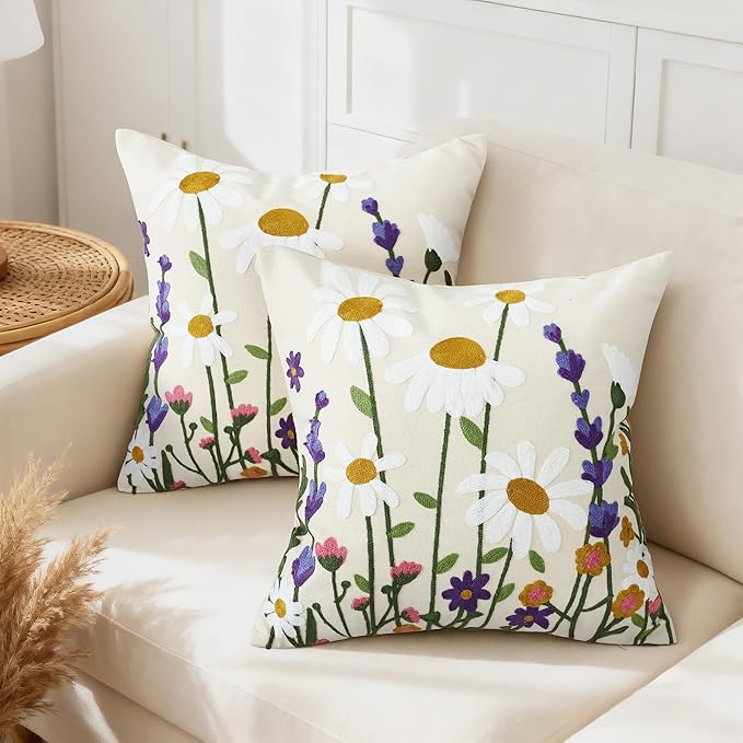 Floral Embroidered Decorative Throw Pillow Covers 18x 18 Inch Set of 1, Boho Spring Farmhouse White Daisy Flowers Patterned Canvas Cushion case for Couch Sofa Bed Living Room Home Decor
