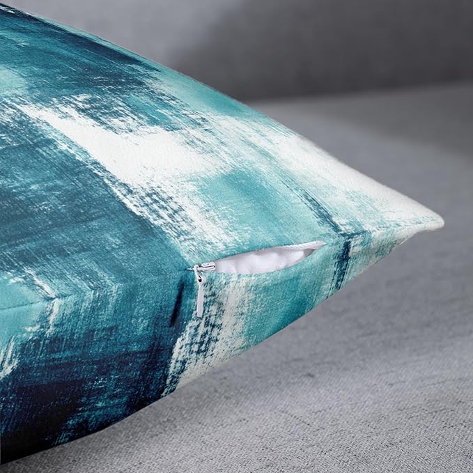 Britimes Throw Pillow Covers Modern Home Art Decor, 18 x 18 Inches Set of 2 Abstract Oil Painting Pillowcases for Bedroom, Living Room, Cushion Couch Sofa, Abstract White Teal