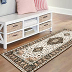 Amearea Vintage Design Runner Rugs for Living Room, 2x6 Machine Washable Floral Collection Traditional Bedroom Rug, Low Pile Cute Kids Room Print Carpet, No Slip Office Kitchen Home Decor, Brown