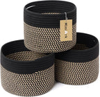 Small Basket for Organizing | Cube Shelf Closet Storage Baskets | 9.7×9.7×7.1” | Woven Rope Gift Basket | Nursery | Round 3 Packs Black Brown