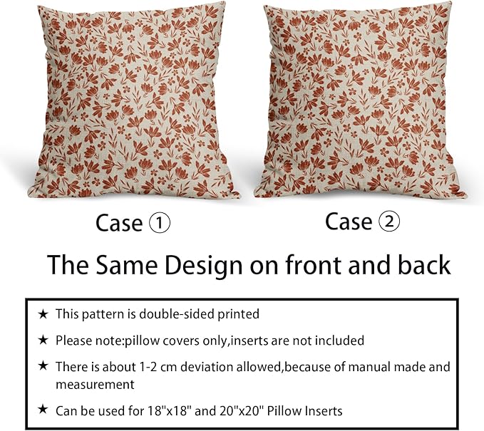 Burnt Orange Floral Pillow Covers 18x18 Set of 2 Vintage Rustic Old Style Cute Flower Orange Cream Print Decorative Outdoor Pillowcases Fall Farmhouse Throw Cushion Case Decor for Couch Sofa Bed