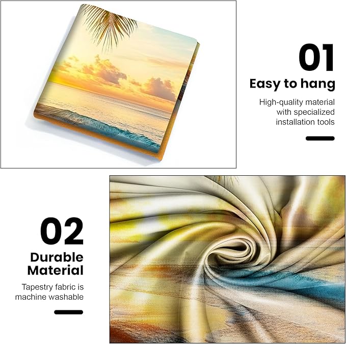 AOHMPT Ocean Tapestry, Beach Evening Sunset Tapestry, Natural Beach Palm Tree Landscape Tapestries Poster, Seaside Landscape Wall Hanging for Bedroom, Dorm Room and Living Room Wall Decor 79" L x 59" W