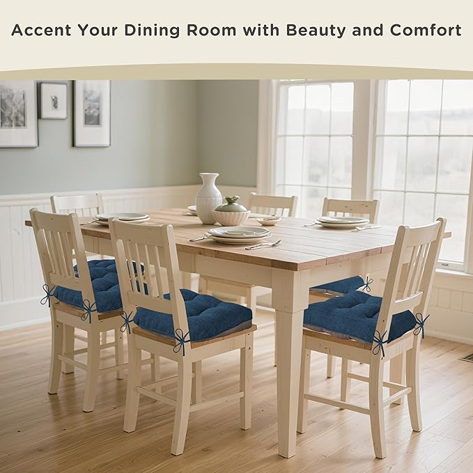AddGrace Chair Cushions for Dining Chairs Set of 2 Kitchen Seat Cushions with Ties and Non Slip Backing Tufted Indoor Seat Pad for Kitchen Dining Room 18" x 17" x 3" Navy