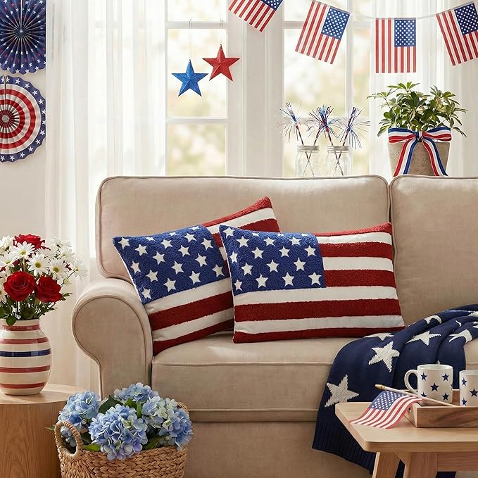 AVOIN colorlife 4th of July Patriotic Striped Star Flag Embroidered Throw Pillow Covers, 12 x 20 Inch Independence Day Decor Tufted Patterned Linen Cushion Case for Sofa Couch Set of 2