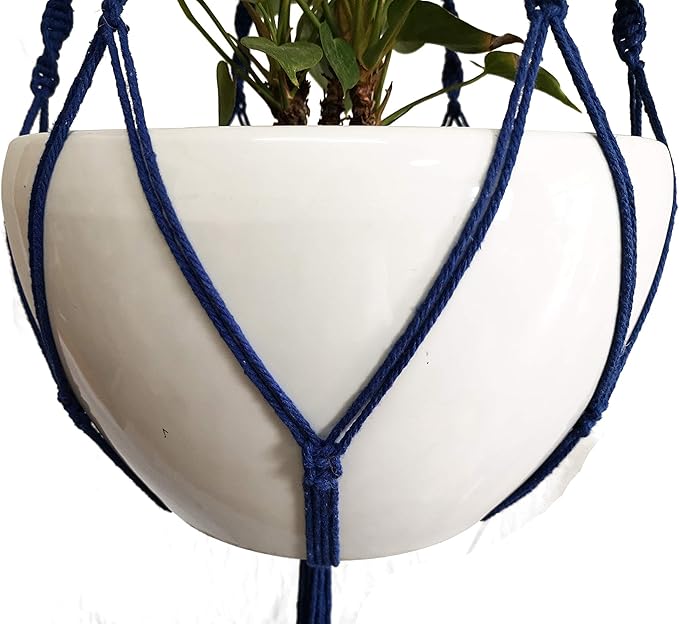 6 Legs Macrame Natural Jute and Cotton Plant Hanger & Holder and Metal Ring, 51-inches Length (Without The White Pot and Plant) (Navy Blue)