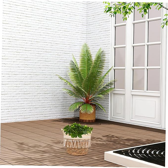 Toyvian Rustic Handwoven Plant Basket with Tassel Natural Grass Rope Indoor Planter Decorative Floral Container with Built in Leak Liner for Living Bedroom Office Boho Farmhouse Style