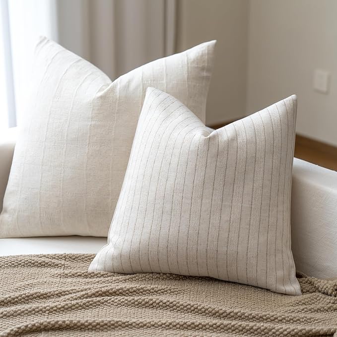 Decorative Neutral Throw Pillow Covers 24x24 Farmhouse Pillow Covers Cotton Stripe Cushion Covers Home Decor for Sofa Couch Living Room Bedroom 1PC, Pinstripe