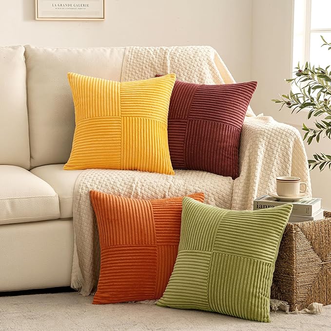 MIULEE Yellow Orange Rust Throw Pillow Covers 18x18 Inch 4 Packs Boho Farmhouse Decorative Color-Clash Pillow Cases Soft Cushion Cases for Couch Sofa Bed Corduroy Striped Home Decor