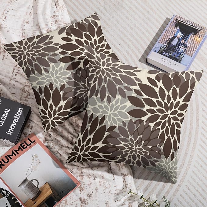 Dark Brown Grey Gray Pillow Covers 24X24 Inch Set of 2, Dahlia Flower Spring Summer Floral Cream Decorative Throw Pillow Covers Outdoor Modern Farmhouse Cushion Case for Home Couch Sofa Bed Decor