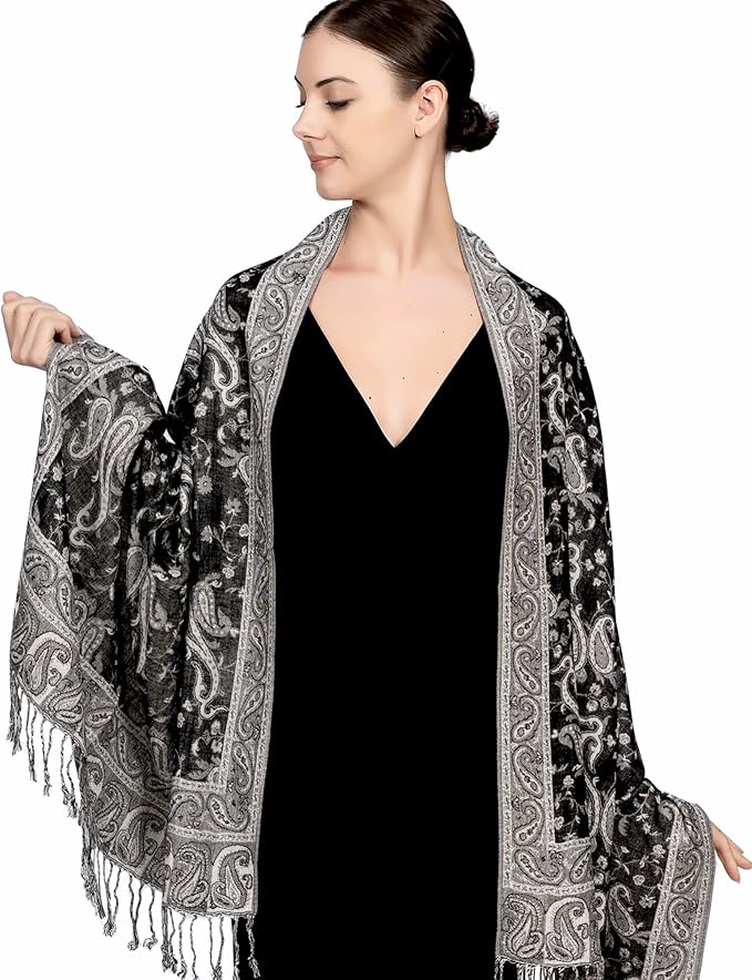 Achillea Reversible Paisley Pashmina Rave Scarf – Exotic Indian Shawls and Wraps for Evening Dresses, Festivals, All Seasons