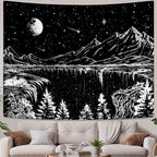 Zussun Black and White Tapestry Starry Night Mountain Tapestries for Bedroom Aesthetic Moon and Stars Tapastry's Wall Hanging Dark Nature Forest Wall Tapestry for Living Room Dorm (90'' × 68'')