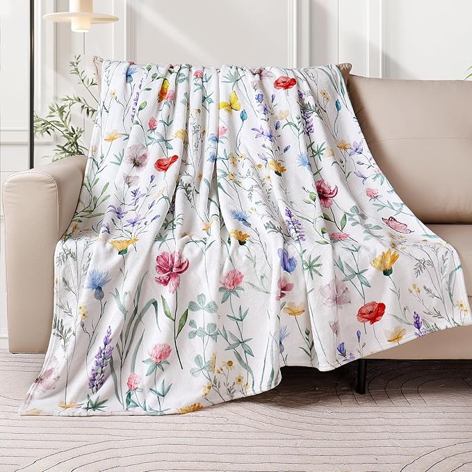 Watercolor Floral Throw Blanket Colorful Wildflower Blankets Botanical Plant Leaf Bed Blanket Flower Butterfly Flannel Fleece Throw Blanket for Couch “60x80”
