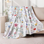Watercolor Floral Throw Blanket Colorful Wildflower Blankets Botanical Plant Leaf Bed Blanket Flower Butterfly Flannel Fleece Throw Blanket for Couch “60x80”