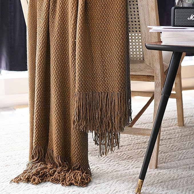 LOMAO Knitted Throw Blanket with Tassels Bubble Textured Lightweight Throws for Couch Cover Home Decor (Khaki, 60x80)