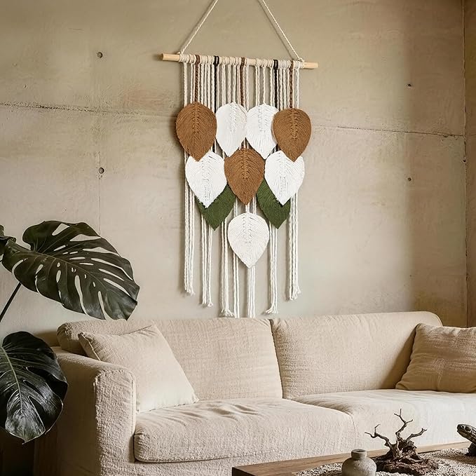 NYEONHRT Macrame Wall Hanging Boho Leaf and Feather Tapestry Handmade Woven Wall Art for Living Room Bedroom Nursery Decor 16x31 Inch (Brown green)