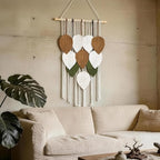 NYEONHRT Macrame Wall Hanging Boho Leaf and Feather Tapestry Handmade Woven Wall Art for Living Room Bedroom Nursery Decor 16x31 Inch (Brown green)