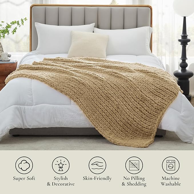 Amélie Home Chunky Knit Throw Blanket for Couch, Soft Chenille Crochet Blanket for Sofa, 50"x60", Beige