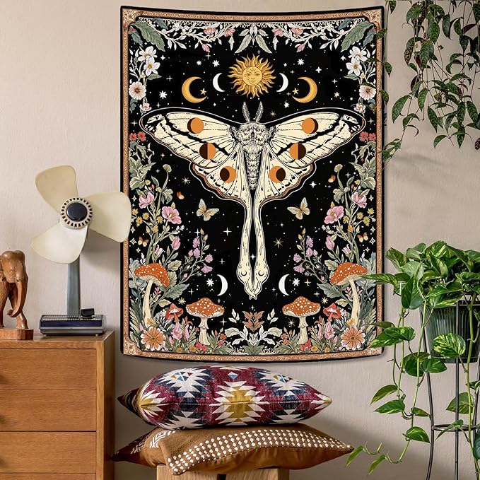 Aipon Boho Moth Tapestry Vintage Floral Flowers Tapestries Aesthetic Retro Mushroom Tapestries for Bedroom Sun and Moon Indie Small Tapestry Wall Hanging for Living Room Dorm 60 x 44 Inch