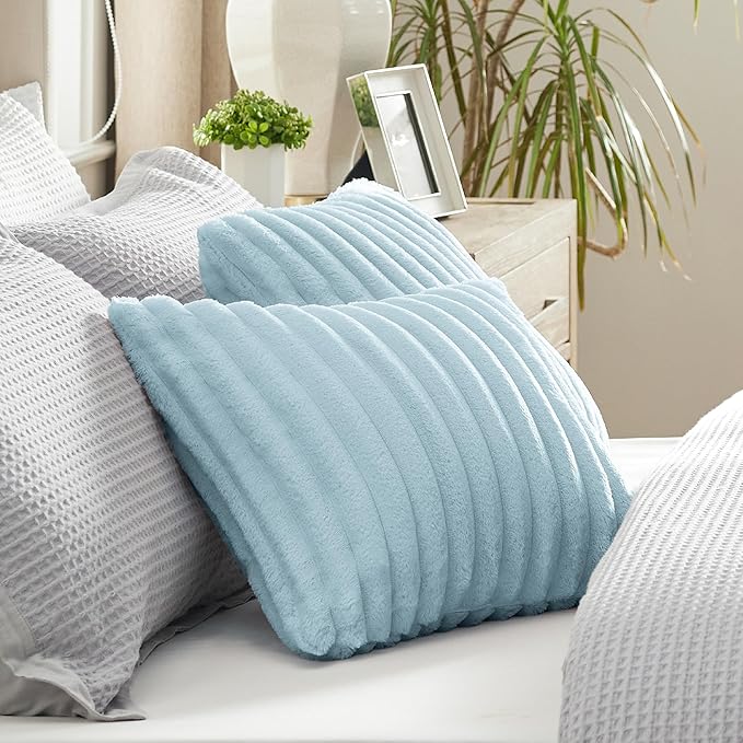 Bedsure Double-Side Striped Throw Pillow Covers 18x18 Set of 2, Spring Fluffy Light Blue Soft Decorative Pillow Covers, Home Decor for Couch Sofa Living Room Bedroom