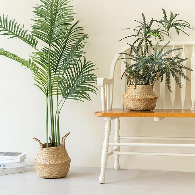 Seagrass Plant Basket with Handles Set of 3 - Woven Belly Basket Planter with Liner for Indoor Plants, Olive Tree, Monstera, Snake Plant, Faux Tree, 8" 9" 10" 12 Inch Pots, Boho Floor Basket