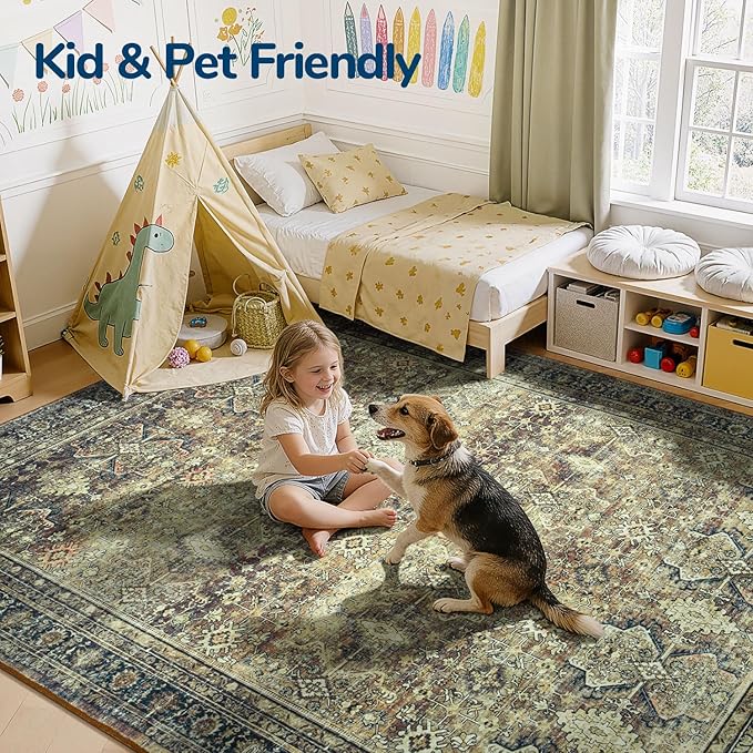 Lessymo 5x7 Washable Area Rug with Non Slip Backing,Soft Boho Indoor Carpets for Living Room Bedroom Nursery, Kid and Pet Friendly, Dark Brow
