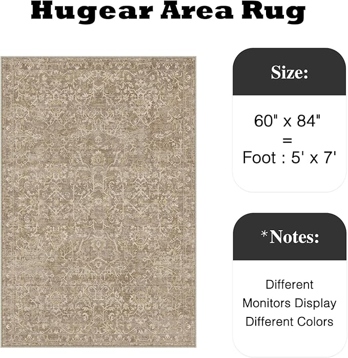 HUGEAR Area Rug 5x7 Light Brown Machine Washable Living Room Rugs Distressed Vintage Floral Vacuumable Low Pile Carpet Bedroom Office Dining Room Laundry Room Non Slip Soft Lightweight