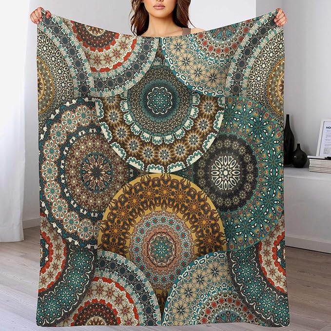 Bohemian Throw Blanket Colorful Vintage Floral Mandala Flower Aztec Boho Blanket for Sofa Bed Couch Chair Or Dorm 40"x50"