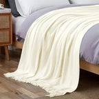 Vonty Ivory White Knitted Blanket with Tassels Fringe 50" x 60", Super Soft Knit Throw Blanket, Farmhouse Decorative Lightweight Blanket for Couch, Sofa, Bed