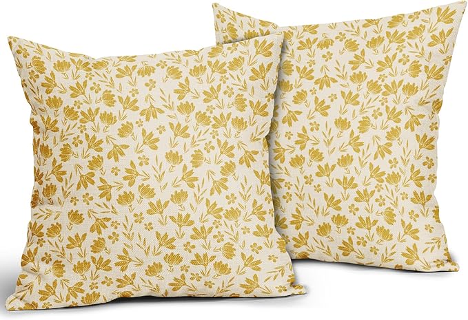 Yellow Floral Pillow Covers 22x22 Set of 2 Vintage Rustic Old Style Cute Small Flower Cream Print Decorative Outdoor Pillowcases Farmhouse Throw Cushion Case Decor for Couch Sofa Bed