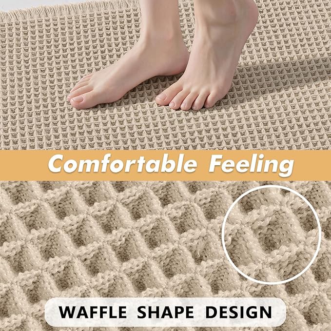 MIULEE Set of 2 Waffle Bathroom Rugs, Boho Bath Rugs Non Slip Washable, Super Absorbent Bath Mats, Ultra Soft Rubber Backed Shower Mats for Bathroom Floor, Tub and Shower, Pale Beige, 18x30 Inch