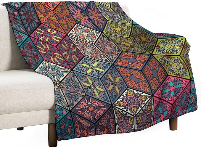 Hippie Bohemian Mandala Throw Blanket Indian Flower Floral Texture Print Blanket for Sofa Bed Couch Chair Or Dorm 70"x80"