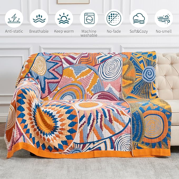 Boho Throw Blanket for Bed-100% Cotton Soft Breathable Farmhouse Decor Boho Quilt for Sofa (Colorful Sun, 80"x90")