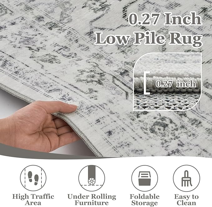 Distressed Farmhouse 5x7 Area Rugs for Living Room Bedroom Non Slip Washable, Medallion Pattern Printed Low Pile Thin Carpet Rugs for Dining Room/Kitchen/Home Office, Off White/Grey