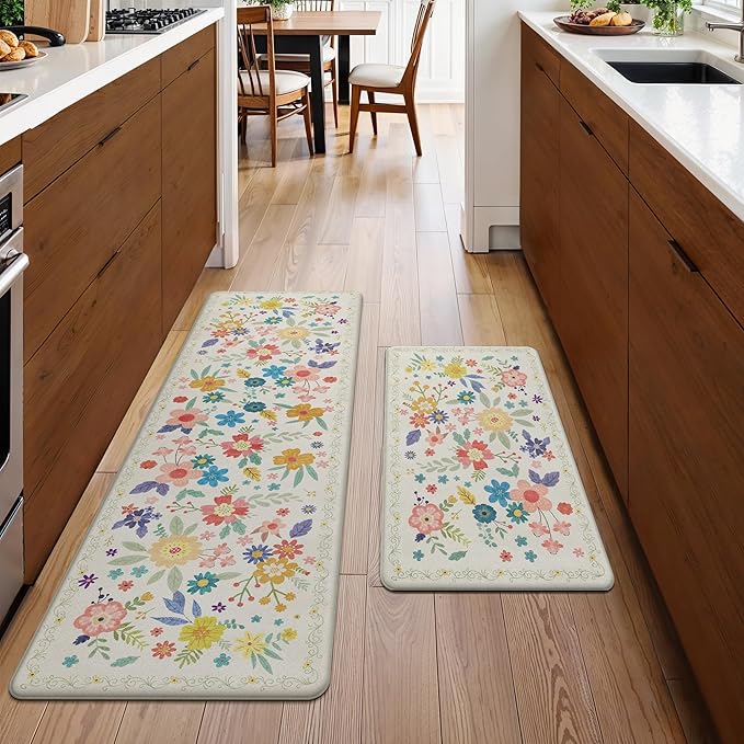 GENIMO Kitchen Mats for Floor 2PCS, Cushioned Kitchen Rugs Non Slip Washable, Farmhouse Anti Fatigue Mat Waterproof, Comfort Standing Mat Rug for Office, Home, Laundry, 17.3"x59"+17.3"x30", SoftWhite