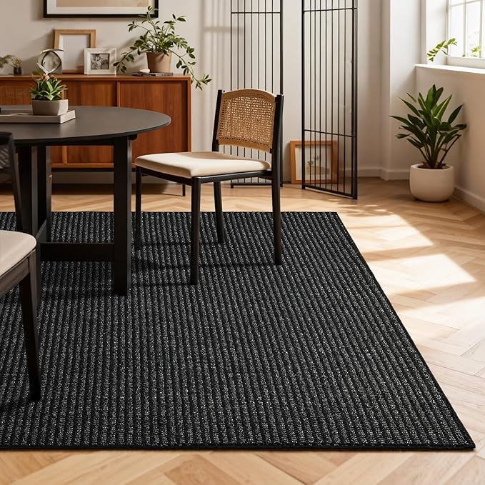 Softlife 5x7 Rugs for Living Room Faux Jute Area Rug Washable Modern Bedroom Rugs Large Non-Slip Farmhouse Floor Carpet for Dining Room Hallway Office Kitchen Entryway, Black