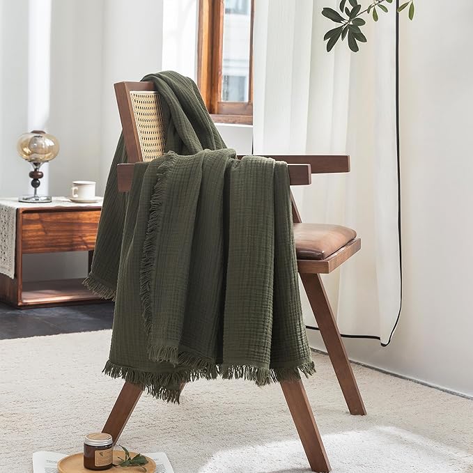 FOSSA Muslin Blanket with Fringe - 4-Layer 100% Cotton Gauze Super Soft & Breathable Throw -Lightweight Decorative Cooling Blanket for Bed, Sofa, Office (Olive Green, Throw (60" × 50"))