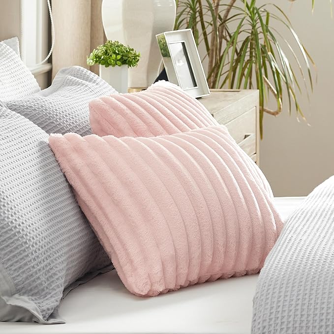 Bedsure Double-Side Striped Throw Pillow Covers 18x18 Set of 2, Spring Fluffy Crystal Pink Soft Decorative Pillow Covers, Home Decor for Couch Sofa Living Room Bedroom