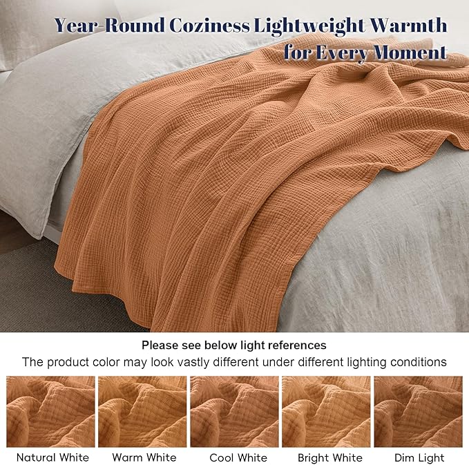 PHF 100% Cotton Muslin Throw Blanket 50" x 60", 4-Layer Lightweight Gauze Throw, Breathable Cloud-Soft Minimalist Blanket for Bed, Couch, Camping & Baby, Caramel, Ideal Gift