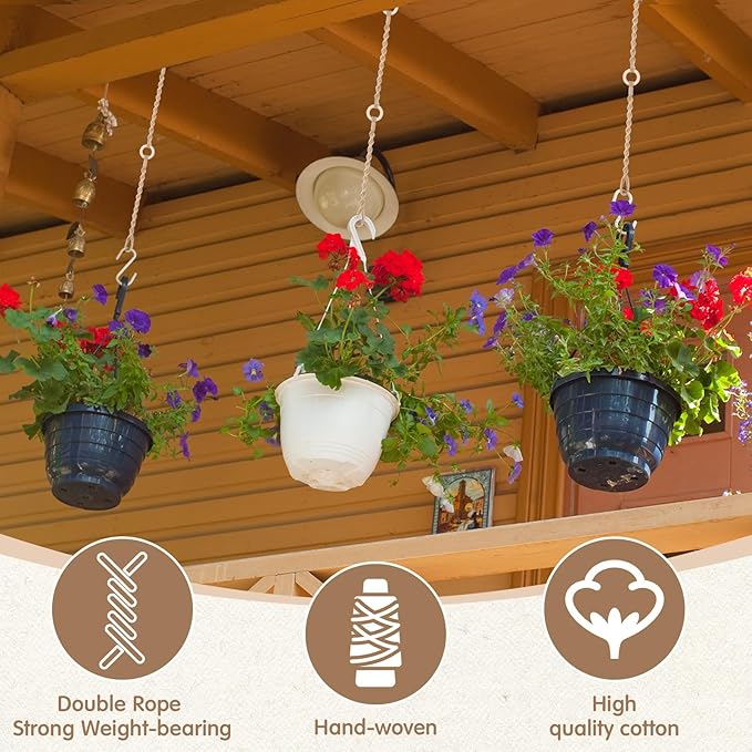 6 Pack Adjustable Macrame Plant Hanger Extender Handmade Woven Hanging Basket Extenders Connectable Rope Hanging Extension with Wooden Ring for Indoor Outdoor Plant Pot Holder(Brown)