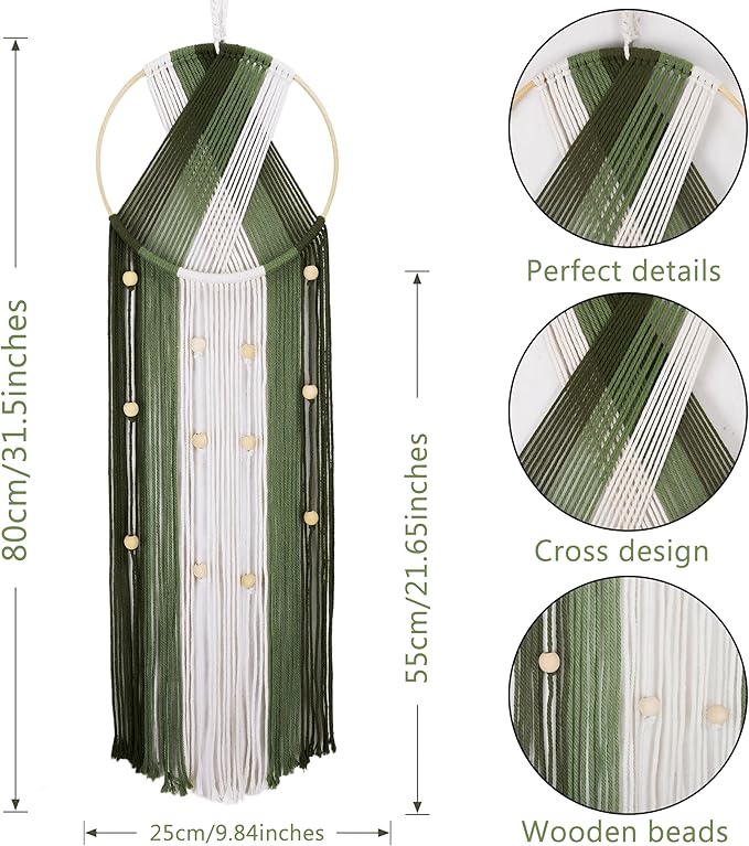LB Boho Macrame Wall Hanging - Green and Beige Handmade Cotton Woven Decor, Modern Geometric Bohemian Tapestry Wall Decor for Bedroom Living Room Home (31.5"x9.84") Nature-Inspired Room Decor