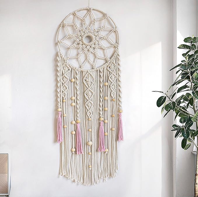 EOBTAIN Boho Macrame Wall Hanging Handmade Dream Catchers Pink and White Woven Tapestry Wall Decor Dreamcatcher Tassel Wall Art Bohemian Home Decor for Bedroom Living Room,Gifts for Girls Woman Mom