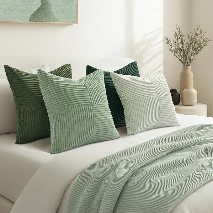 Topfinel SageGreen Pillow Covers,Boho Farmhouse 24x24 Inch Cushion Covers Set of 4,Large Soft Corduroy Home Decor for Couch Bed Sofa Living Room LightGreen,MossGreen