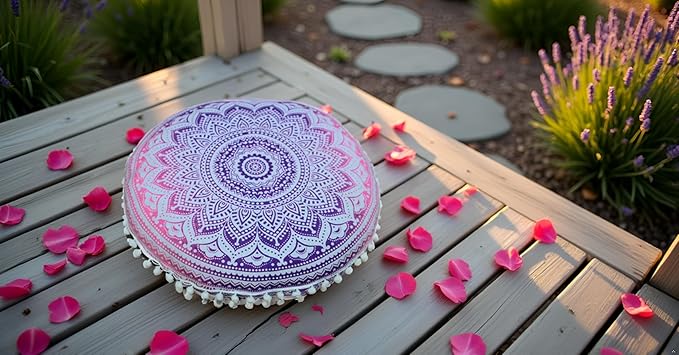 CRAFT KALA Round Mandala Boho Pillow Cover Meditation India Room Seating Poufs Cover for Living Room Yoga Room Home Décor Bedroom Balcony Garden Decoration Cotton Floor Cushion Cover (32", Pink Ombre)